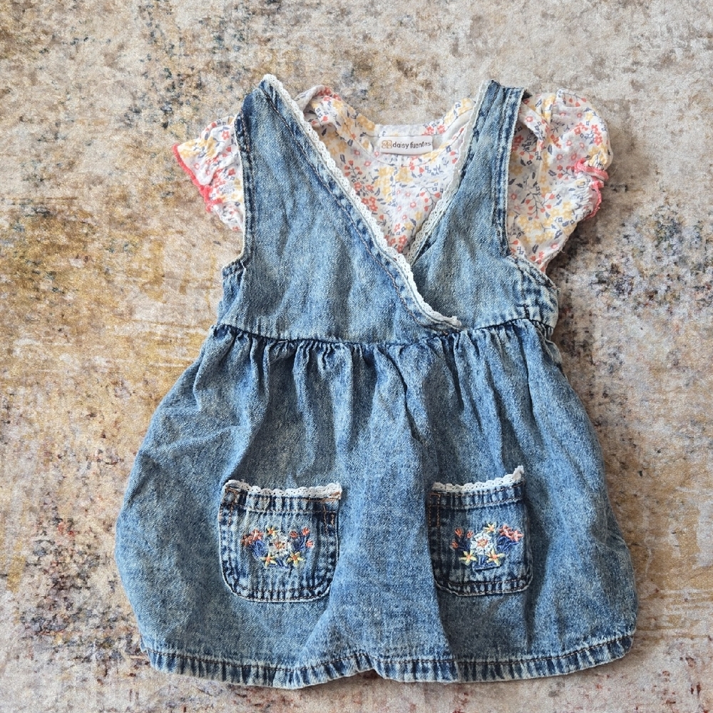 Daisy Fuentes Denim Floral Overall Dress 2pc Set